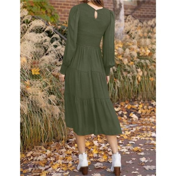 Casual Long Sleeve Crew Neck High Waist Smocked Flowy Tiered Midi Dress - Picture 10 of 14
